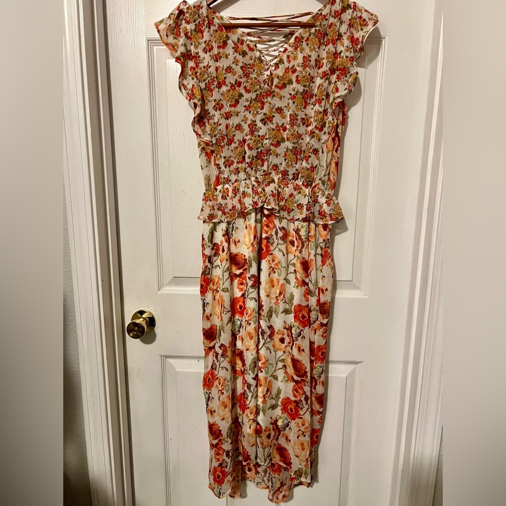 Fig and Flower Floral High Low Dress - Red and Cream
